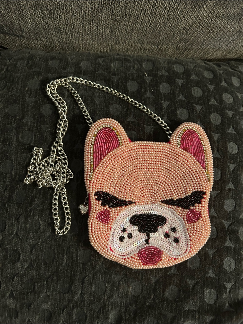 Pink Beaded Bulldog Face Crossbody Bag with Chain Strap